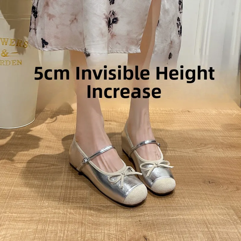 メアリージェーンフラットシューズ女性の夏の新しいスタイル5センチ高さを高めるイブニングウィンドバレエシューズ韓国スタイルtストラップ豚皮裏地付き