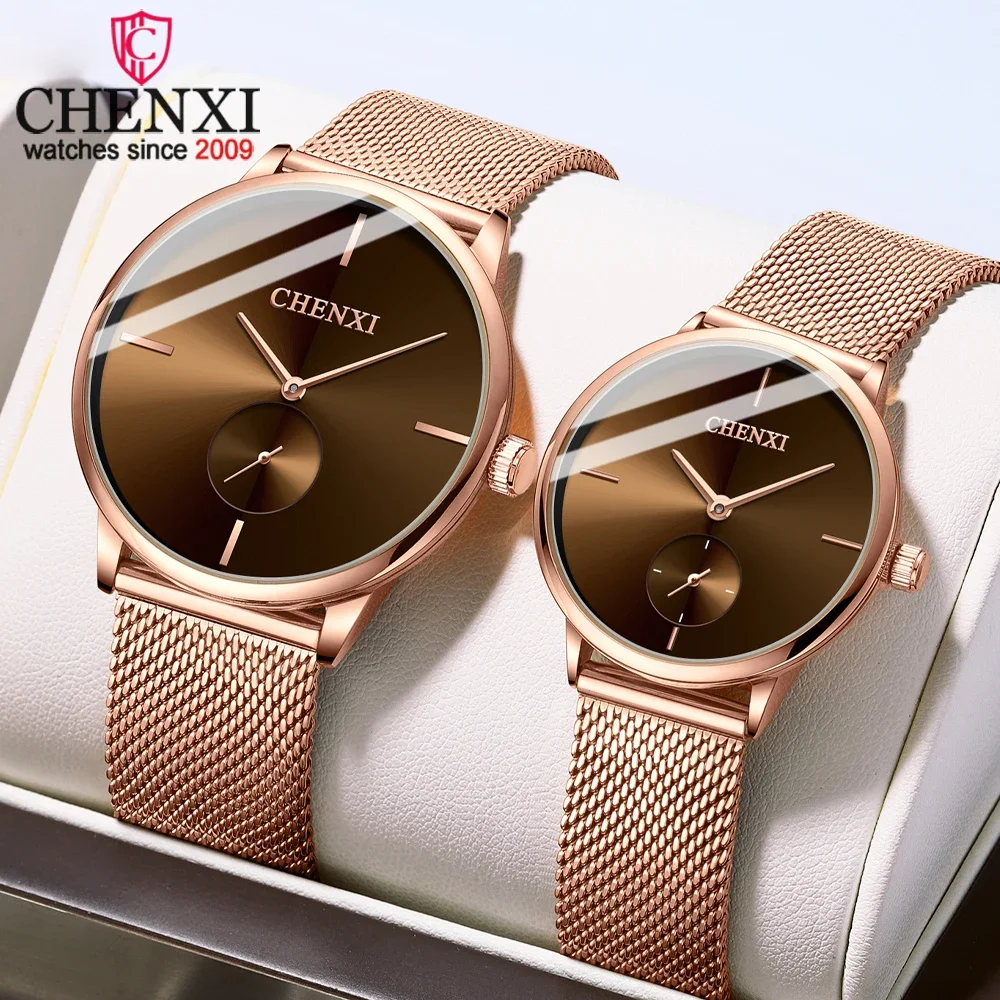CHENXI الفاخرة للماء الرجال النساء كوارتز ساعة موضة عادية شبكة من الاستانلس استيل حزام زوجين قسط ساعة اليد للهدايا