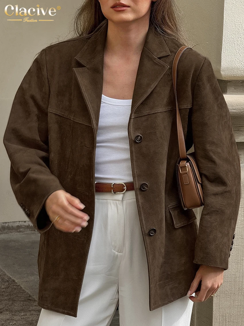 

Clacive Fashion Loose Brown Office Women's Blazer 2025 Winter Lapel Long Sleeve Blazer Elegant Classic Solid Top Female Clothing