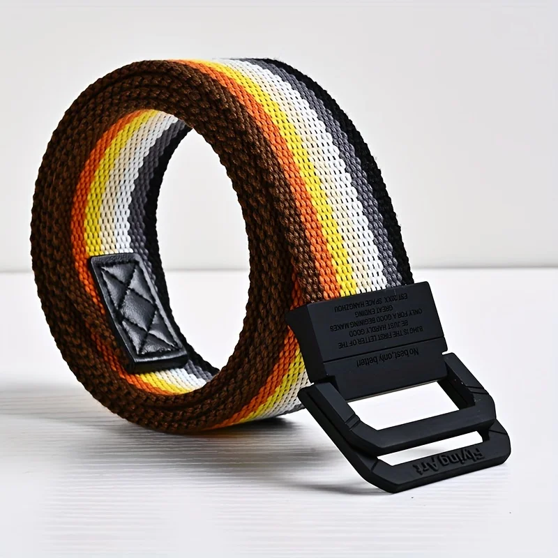 Siebenfarbiger Regenbogen-Canvas-Gürtel mit doppelter Ringschnalle für Damen und Herren, lässiger Hosengürtel – Detail 11