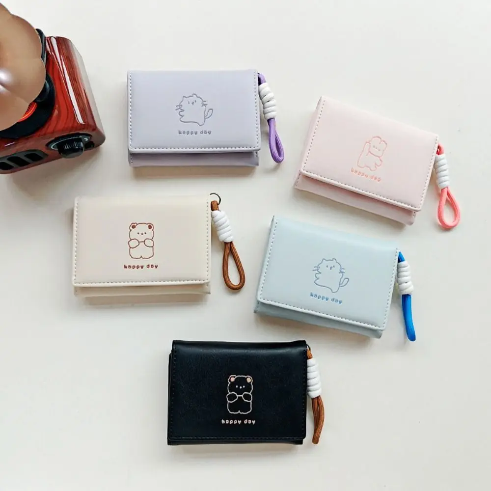 

Cute Tri-fold Short Wallet PU Leather Large Capacity Coin Purse Lightweight with Lanyard Clutch Bag
