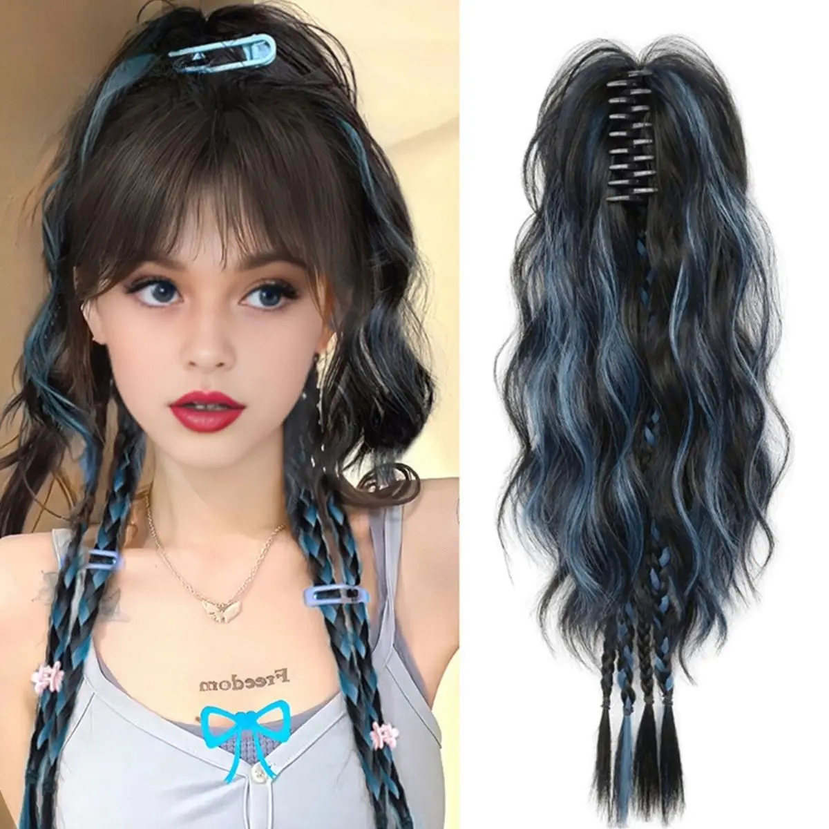 Multicolor Long Roll Wavy Claw Clip Synthetic Ponytail Wig Fashion Distinctive Wig Women's Ponytail Grab Clip