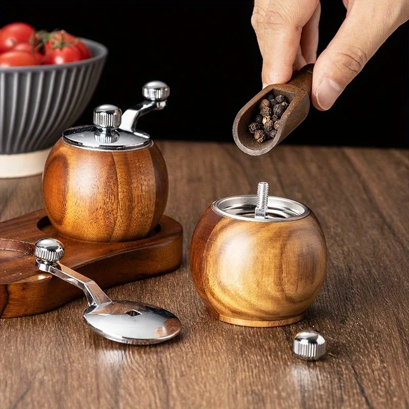 Manual Pepper Grinder, Hand-Cranked Seasoning Mill with Wooden Stand, Adjustable Grinding Thickness, Suitable for Sea Salt & Black Pepper, Ideal for Steak Seasoning, Practical Kitchen Gadgets for Home Kitchens, Restaurants and Food Carts, 1 Set