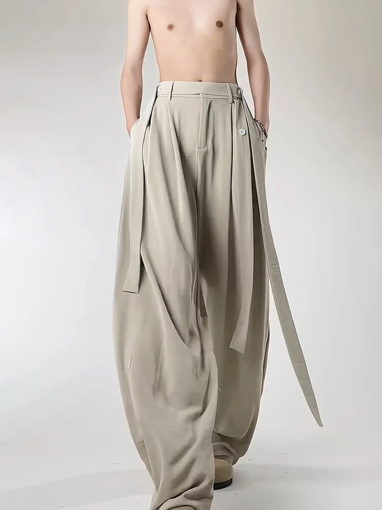

Qui Dry Ice Silk Wide Leg Pants Men's High Waist Drapey Loose Casual Trousers Summer Faionable Straight Leg Pants
