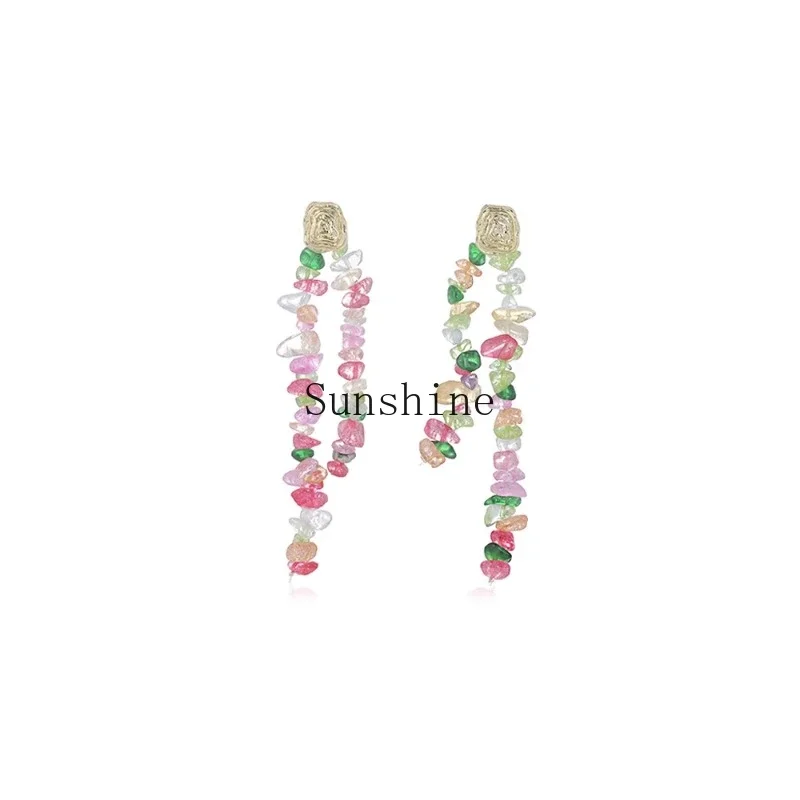 

Unique personality, irregular color natural stone fringed earrings, sweet design, long face-showing thin earrings