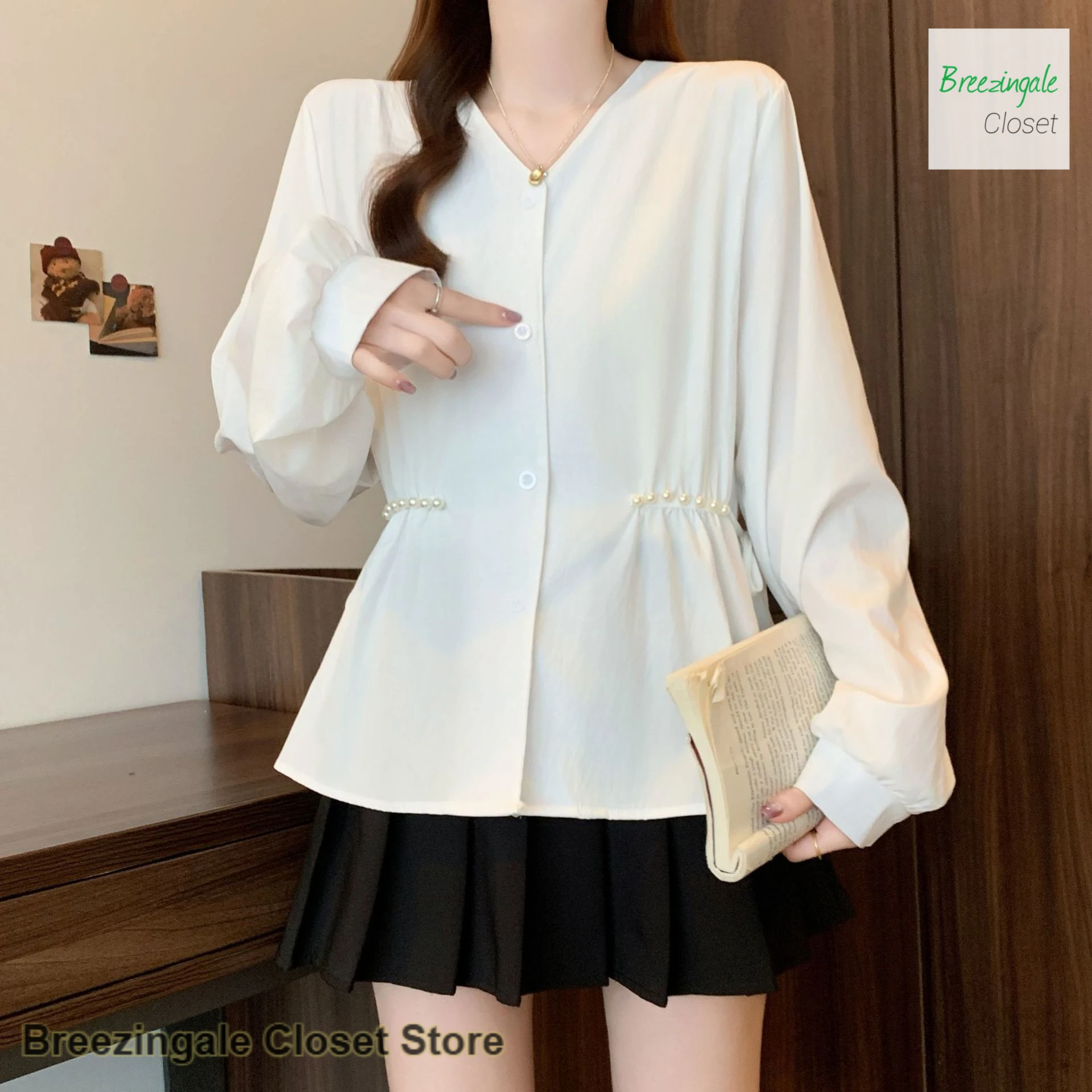 

Korean plus size solid color V-neck waist long sleeve shirt women's spring and autumn new fashion loose shirt Joker casual shirt