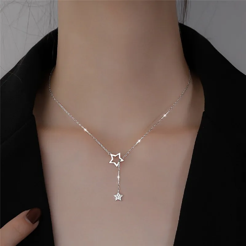 Elegant Sparkling Diamond Star Necklace Versatile Hollow Design Tassel Collarbone Chain Simple Exquisite Temperament Jewelry