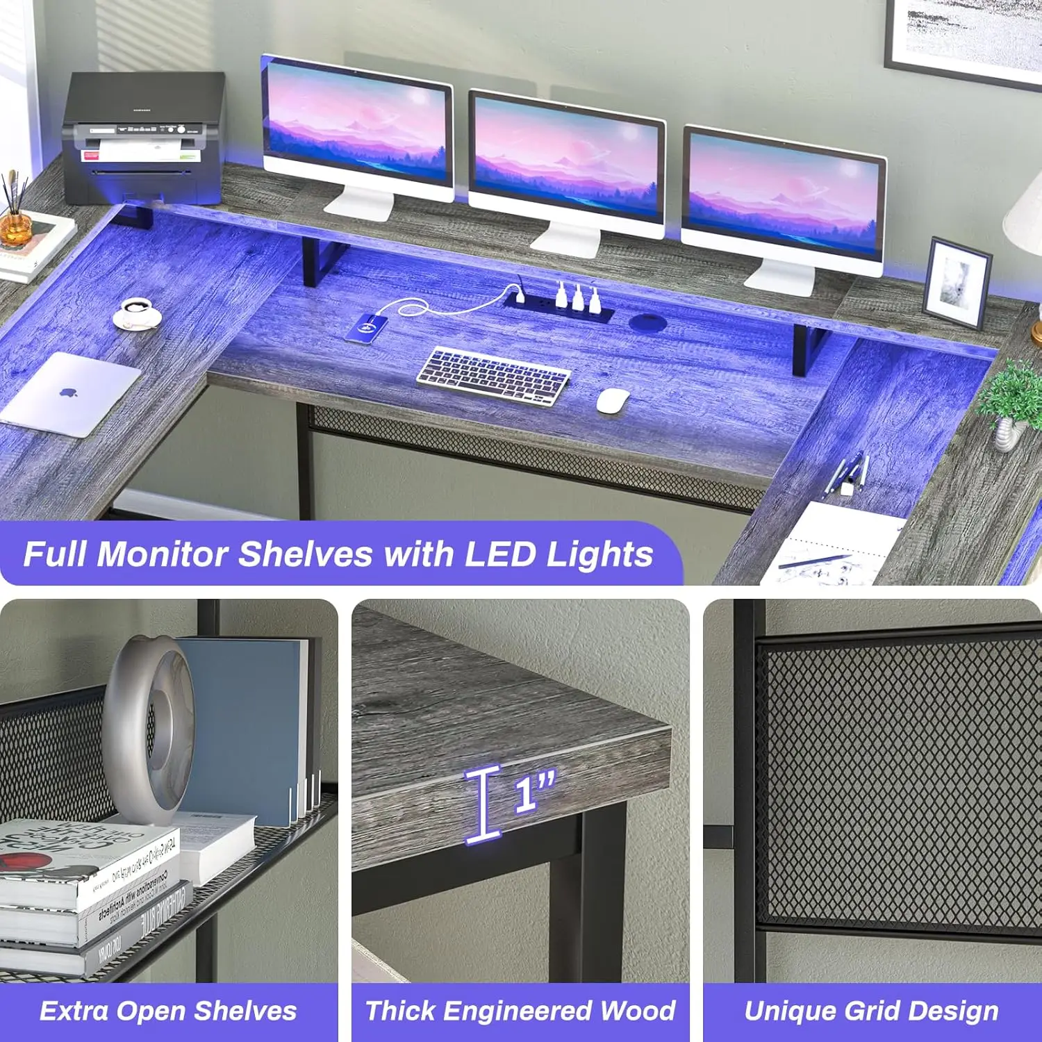 Escritorio de ordenador en forma de U, escritorio de oficina Reversible en forma de L con tira LED y tomas de corriente