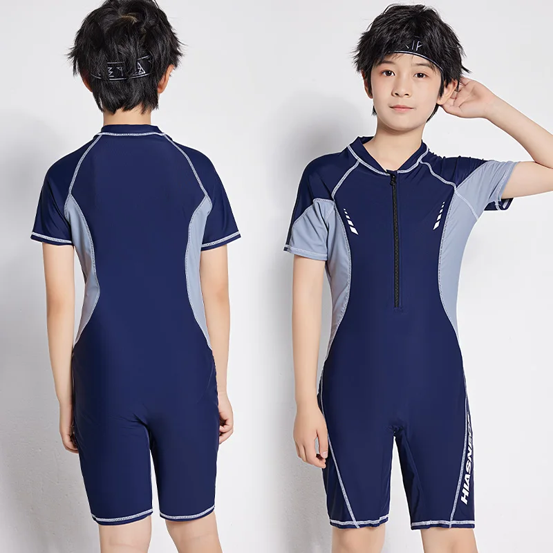 Teenager Boy One Piece Swimsuit Short Sleeves Solid Color Patchwork Kids Bathing Suit Beach Wear 2024 Boy Competition Swimsuit