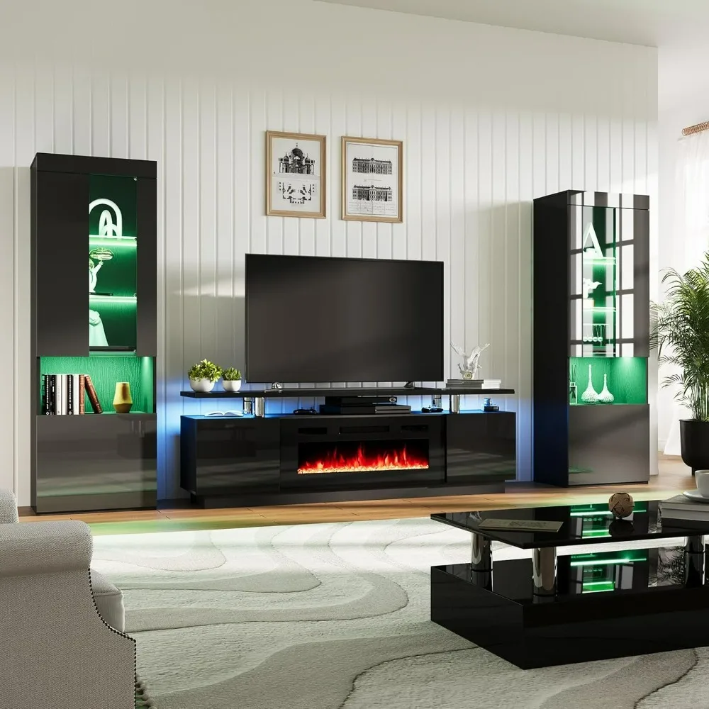 

Tv Stand with Fireplace, Includes 80" 2-Tier Fireplace TV Stand with 40" Fireplace, 2 x High Gloss Bookshelves with LED Lights