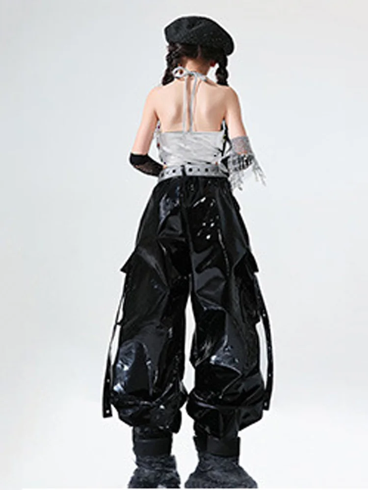 ملابس رقص الجاز الفتيات الفضة المنشعب القمم السراويل الجلدية السوداء الهيب هوب أداء ارتداء الحفل المنصة المرحلة البدلة