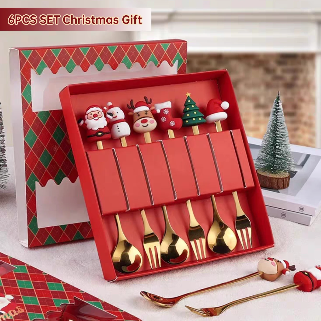 6-Piece Christmas Spoon and Fork Set Stainless Steel Creative Xmas Party Tableware Coffee Tea Dessert Spoon Fork Exquisite Gift