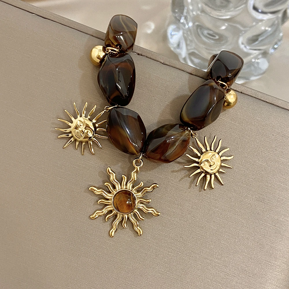 Greatera Irregular-shaped Dark Brown Acrylic Sun Stone Pendant Bracelet 316L Stainless Steel Personality Men Women's Bangle INS