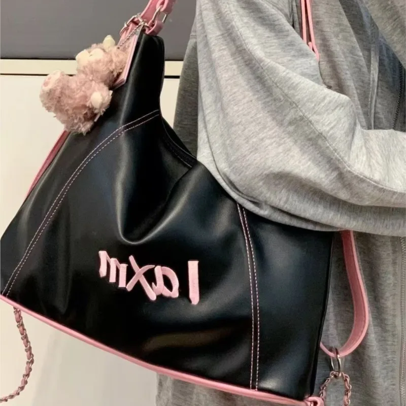 

Fashion Embroidery Letter Chain Tote Bag Women Color Block Leather Large Capacity Shoulder Bags Ladies Student Commuter Backpack