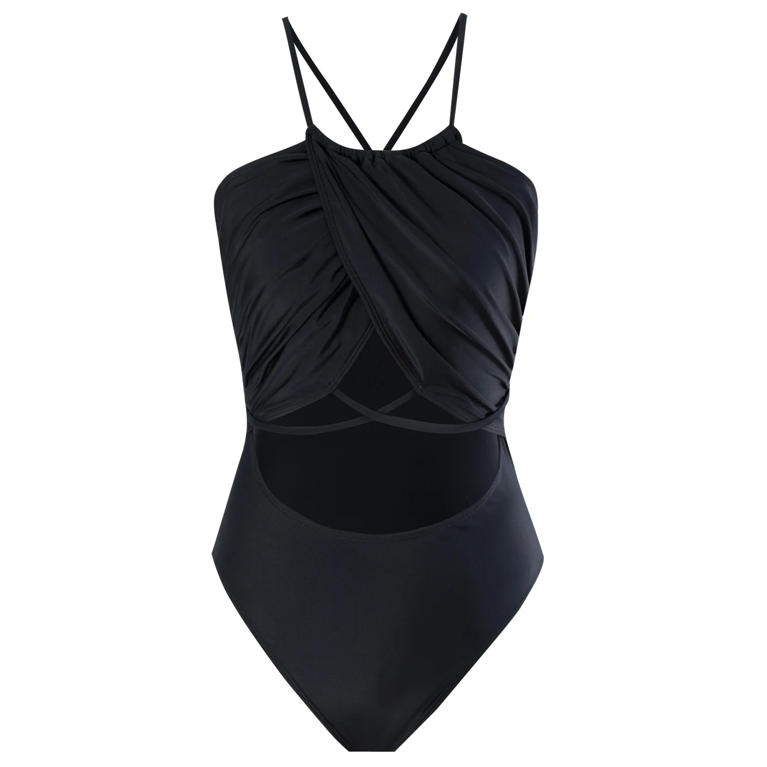 

Women's Black Ruched One Piece Swimsuit Sexy Criss Cross Halter Tummy Control Monokini Beach Bathing Suit