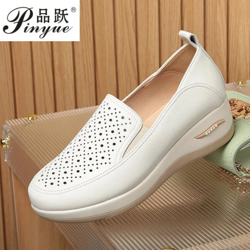 

4.5CM Breathable Comfortable Shallow Cutout Soft Leather Shoes Women Loafers Summer Platform Wedges Shoes For Office Mom SHOES