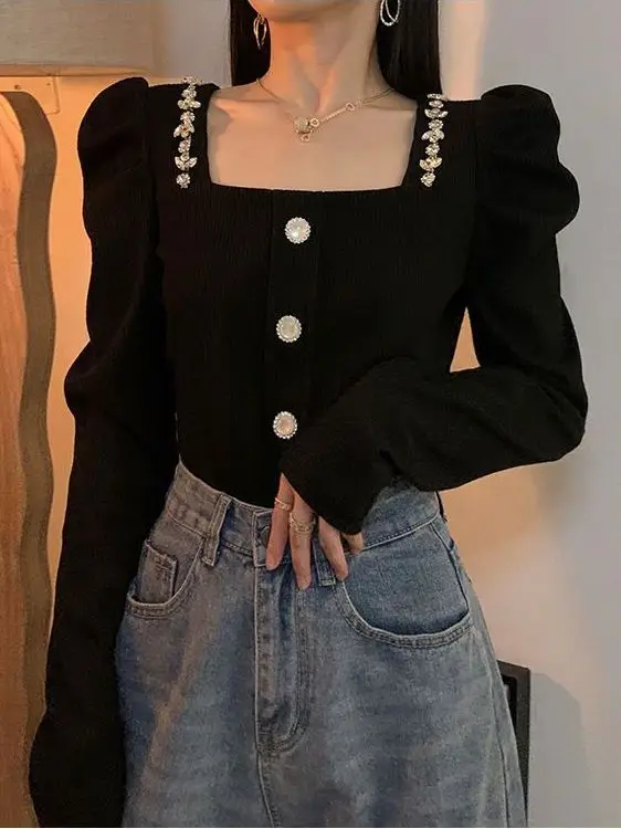 

Длинный све све с квадратным воротником в стиле ретро, ранняя осень, новый двор, пузырьковый све, талия, утягивающий уникальный женский топ