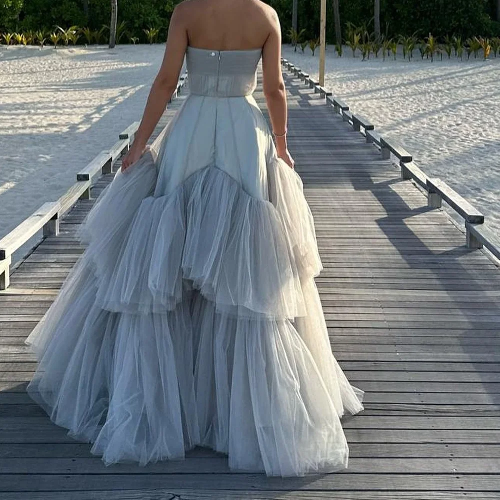 Temperament Strapless Tulle A-Line Prom Gowns Sweep Train Pearls Crystal Photo Color Floor Length Zipper Back Sleeveless