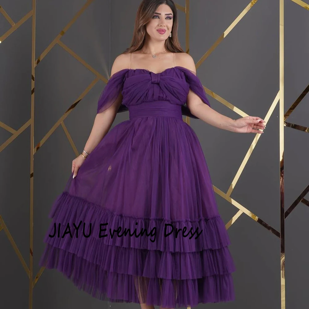 Customized Purple Tulle Off the Shoulder Evening Dress Ruched Ruffles A-line Party Dresse Backless Draped Tea-Length Prom Gown