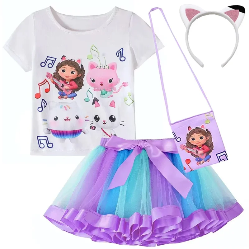 LZH Gabby Dollhouse Girls Clothes Kids Halloween Carnival Cosplay Costume Sets Summer Tops Bow Skirt Bag Children Clothing Suit