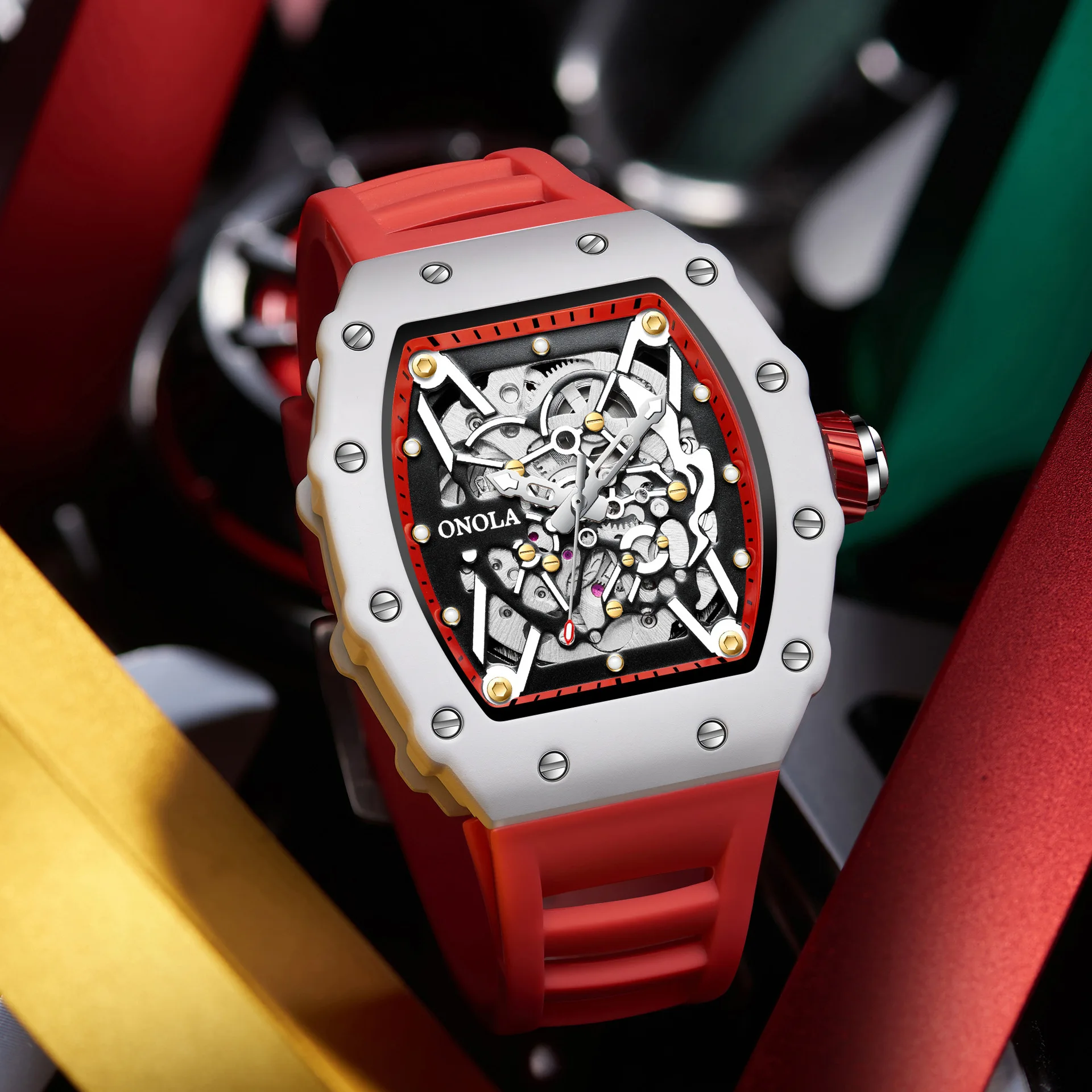 ساعات حركة أوتوماتيكية جديدة راقية للرجال موضة رياضية مضيئة مقاوم للماء ساعات آلية مجوفة ساعة هيكل عظمي للرجال #5