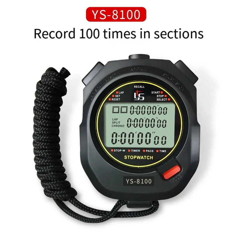 B34B-Sport Handheld Stopwatch Timer Alarm Clock Digital Stopwatch1/1000 Second Timing Electronic Chronograph Timer YS-8100