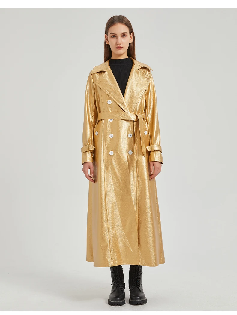 Lautaro Spring Autumn Extra Long Gold Shiny Pu Leather Trench Coat for Women Sashes Double Breasted Luxury Europe Fashion 2024
