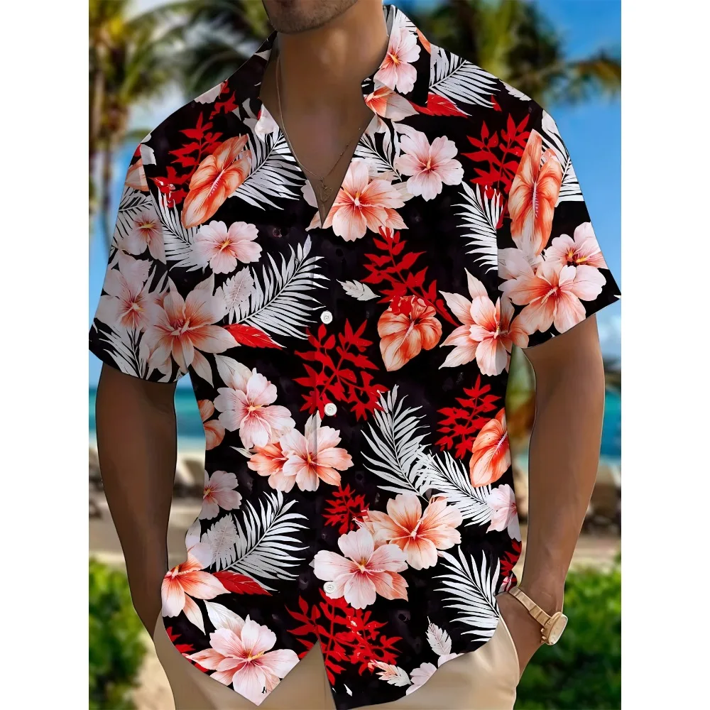 Summer Breathable Short Moderate Length Button Up Shirt Black Base Tropical Flower Leaf Full Print Split Hem Vacation Shirt