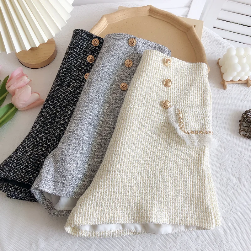 가을 겨울 신상 여성용 반바지 트위드 더블 브레스티드 하이웨이스트 태슬 엣지 가짜 포켓 반바지 따뜻한 와이드 레그 숏 팬츠