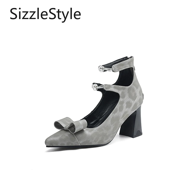 

Fashion Women's Shoes Retro Style Printed Upper Comfortable Thick Heel Pointed Toe Shallow Mouth Rear Zipper Mary Jane Shoes