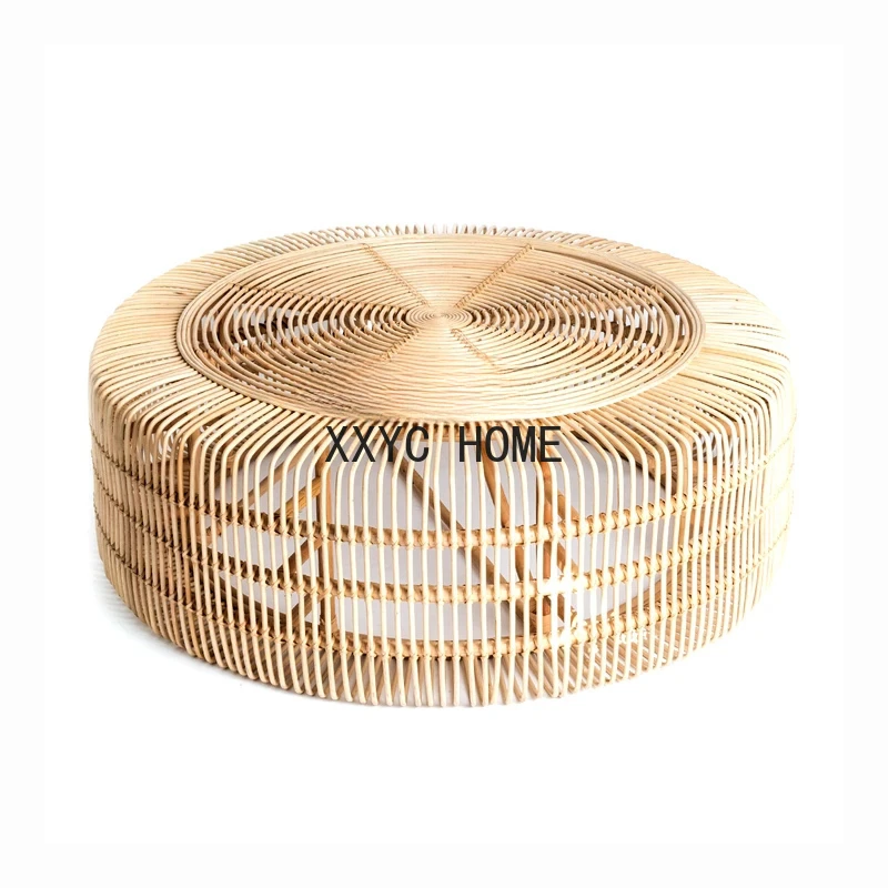 Japanese Style Rattan Tea Table Natural Style Hand-Woven Indoor Glass round Tea Table B & B Style Coffee Table