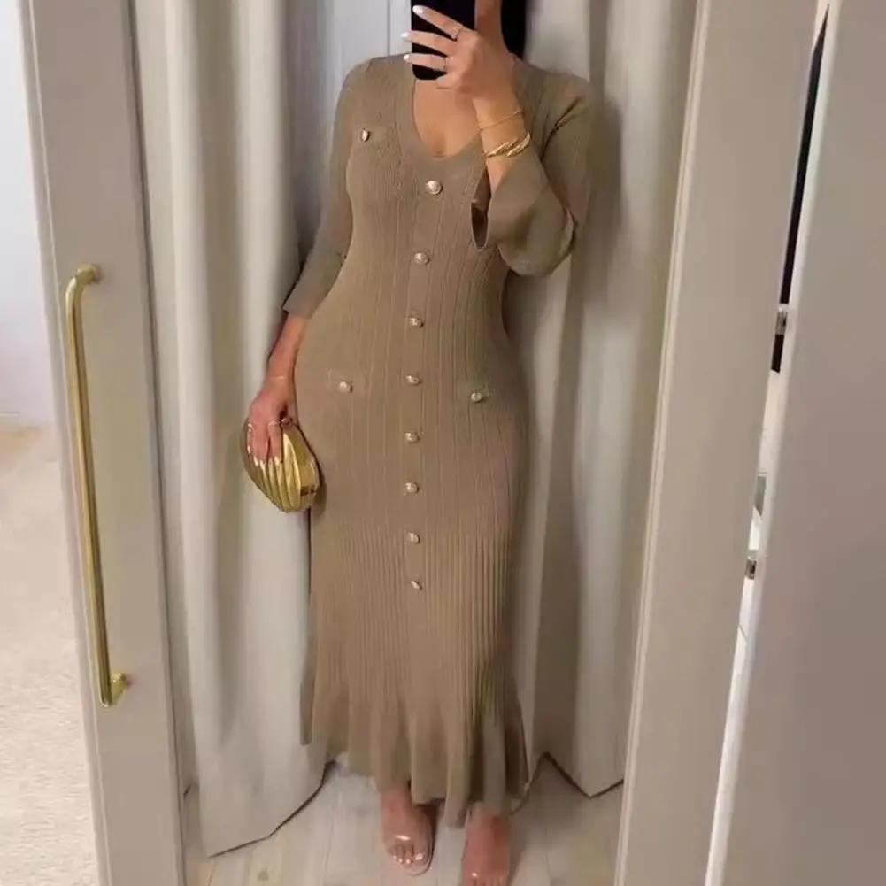 

Elegant Ruffles Split Knitted Single Breasted Dress Women Pleated Ruffle Sleeves V-neck Long Dresses Female Streetwear Robes