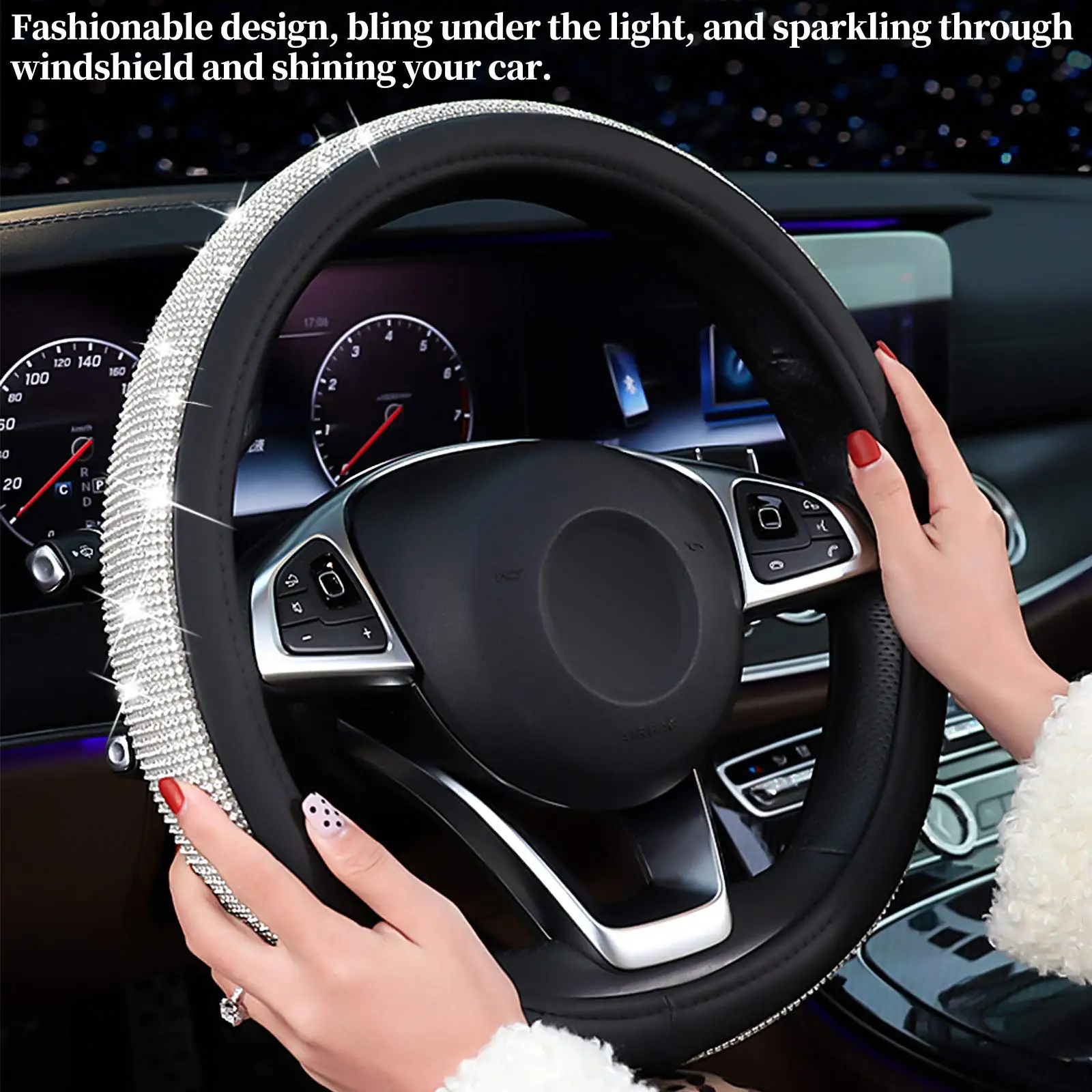 25 SETS Glitter Leather Universal Bling Bling Steering Wheel Cover Diamonds Steering Wheel Cover 15 Inches / 36.5 - 38 cm