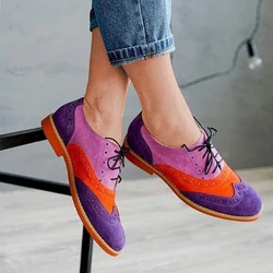 Nowe 2024 damskie wiosenne buty nowe buty na niskim obcasie damskie oxfordy mieszane kolory sznurowane damskie Brogues buty designerskie na co dzień ze skóry Pu oxfordy