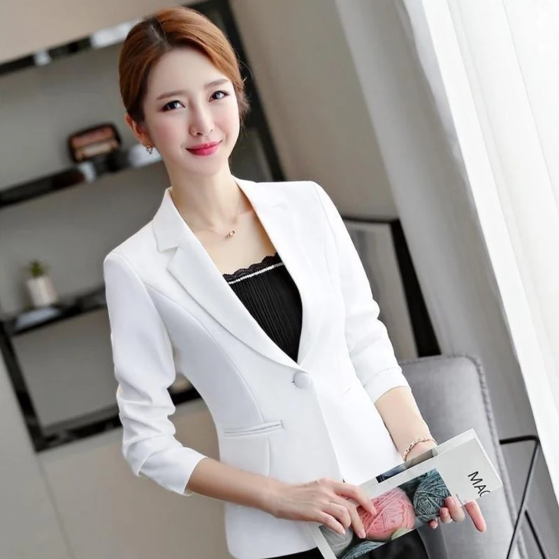 Kancing musim semi musim panas blazer polos berlekuk tipis pakaian kantor kasual bisnis Skinny Fashion wanita Formal 2023