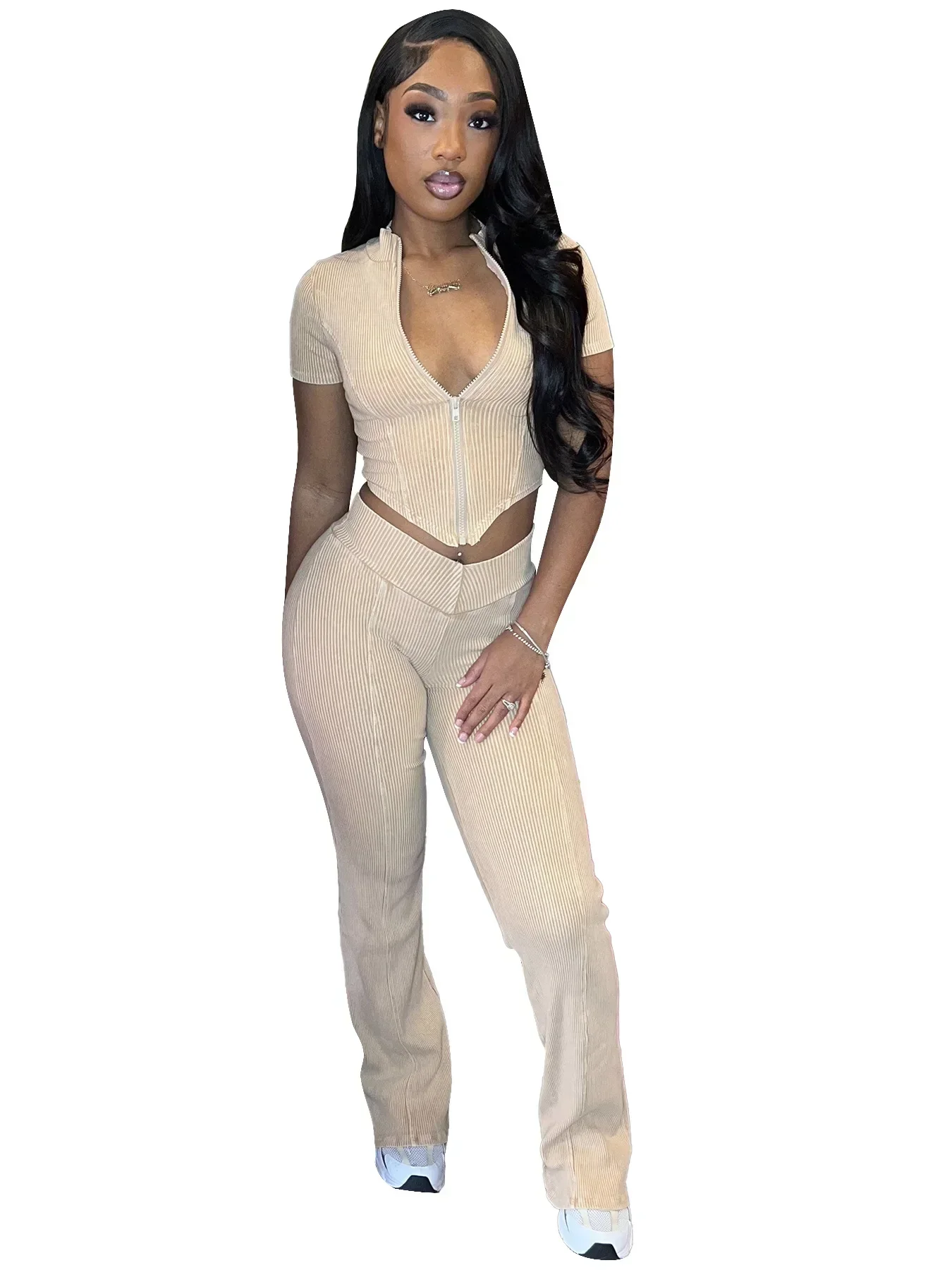 Women\'s Set Knitted V-neck Short Sleeve Washed Crop Zip Top +Pants Suits 2024 Street Two 2 Piece Set Outfit Tracksuit