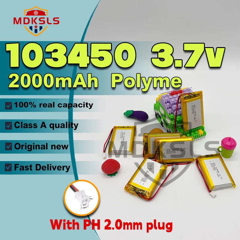 

New 3.7V 103450 2000mAh Polymer Lithium Rechargeable Battery PH 2.0mm plug for Camera GPS navigator MP5 Bluetooth Headset⚡