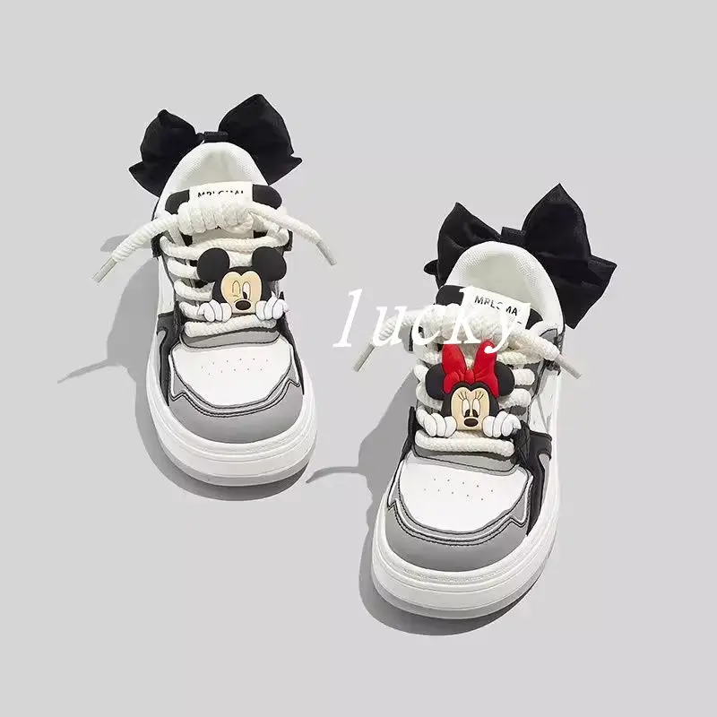 real pictures Explosive Minnie Mickey mouse Painting Small White For Women In Spring big bow 2025 New Thick Soled Casual Shoes