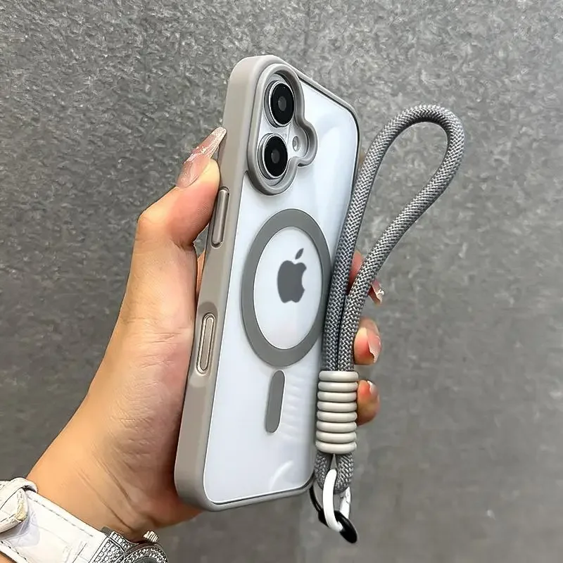 Funda de lujo con cordón transparente para teléfono Magsafe para iPhone 16 15 14 13 12 11 Pro Max, funda trasera con correa para muñeca y armadura a prueba de golpes