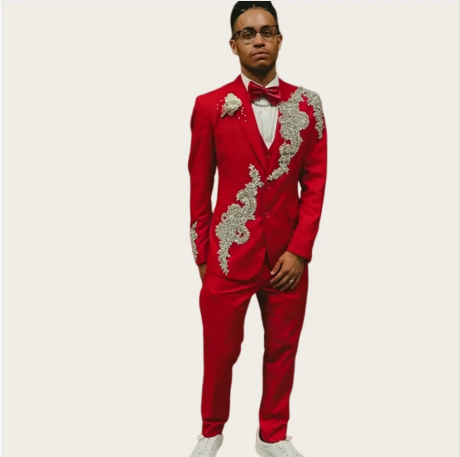 

Luxury Men's Suits 2 Piece Set Notched Lapel Single Breasted Red Groom Wedding Party Tuxedo Appliques Blazer Pants Customized