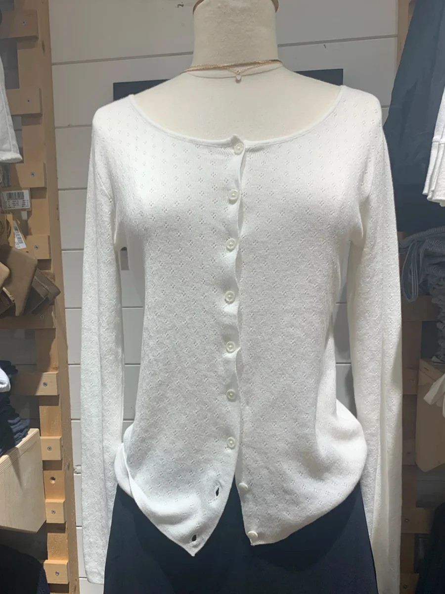 

White Eyelet Long Sleeve T-shirt Women Scoop Neck Single Breasted Soft Cotton Preppy Style Sweet Cardigan Tee Shirt Y2k Autumn