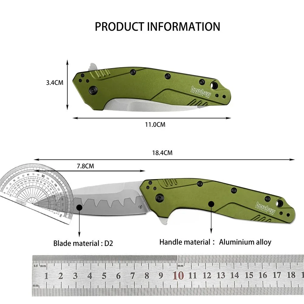 Auxiliary Fin Knife 1812OLCB, D2 Blade Olive Aluminum Handle Tactical Hunting Knife EDC Knife, Suitable for Camping, Hiking