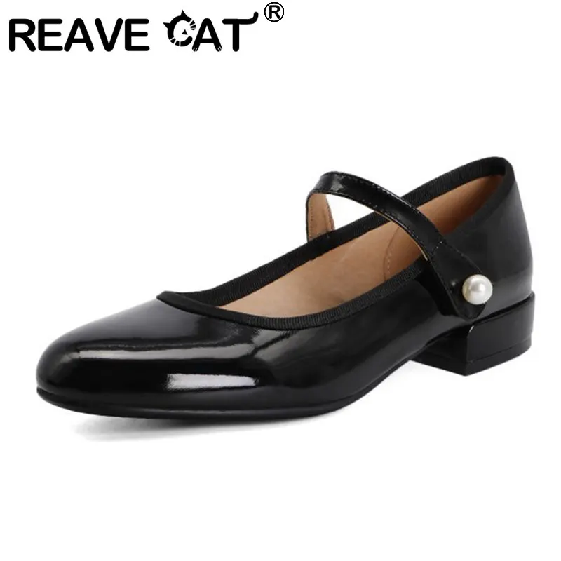 REAVE CAT 2021 Women Flat Shoes Round Toe Patent Leather Soft Pearl Classic Student Big Size 34-43 A3817