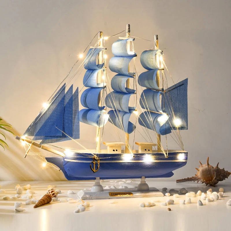 Creative Wooden Sailboat Model Marine Nautical Wooden Blue Sailing Boat Ship Wood Crafts Ornaments Party Room Home Decoration