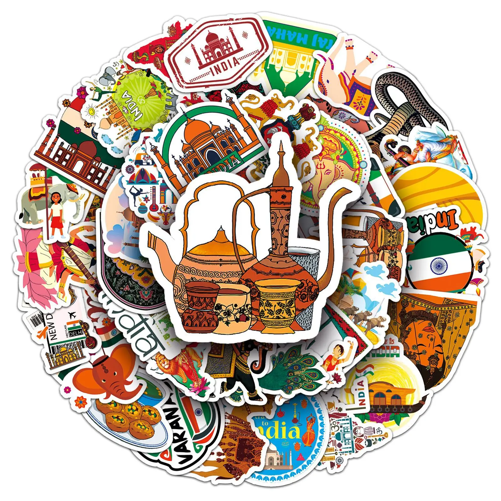 50PCS India Cartoon Stickers Tourism Scenery Graffiti Landmarks Decals Culture Decoration Laptop Guitar Car Bike Decoration