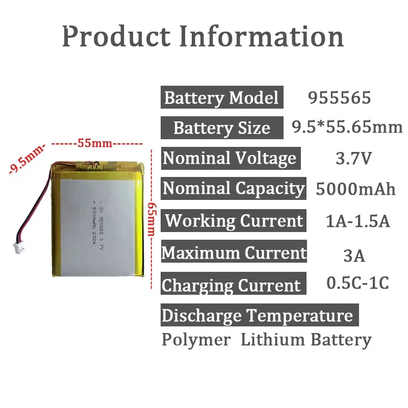 955465 955565 3.7V 5000mAh Rechargeable Lithium Polymer Battery Li-Po for Tablet Power Bank Hand Warmers PH 2.0mm 2pin Plug