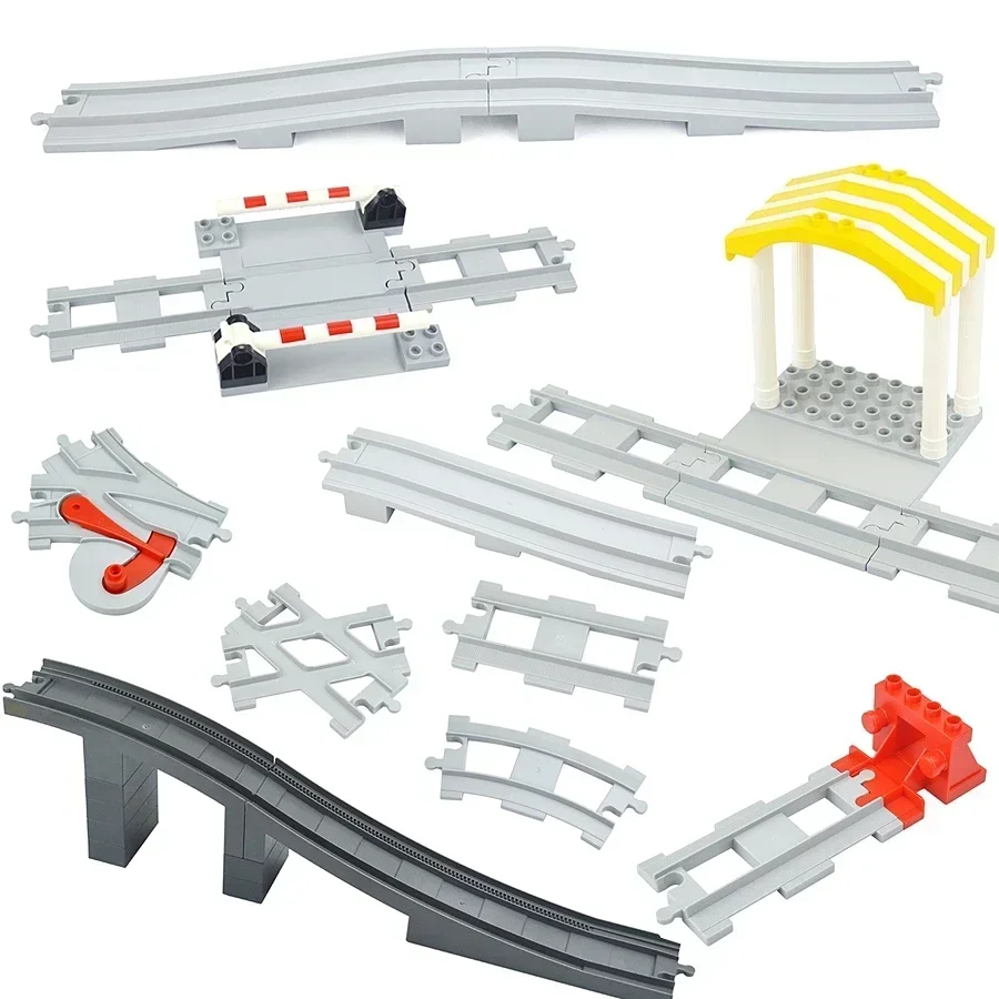 Big Size Train Car Tracks Bricks Transport Accessories Straight Curved Uphill Switch Rail Building Blocks Compatible Duploes