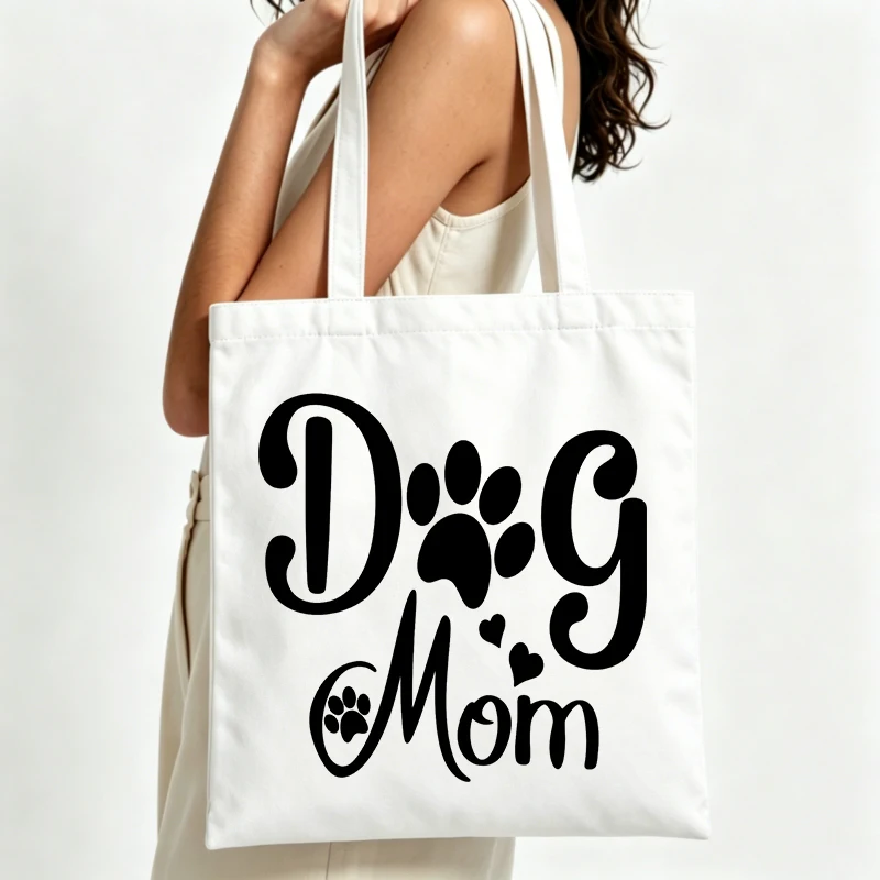 Sac fourre-tout en toile Dog Mom avec empreinte de patte et impression de lettres, idéal pour un usage quotidien décontracté et pour les sorties liées aux animaux de compagnie