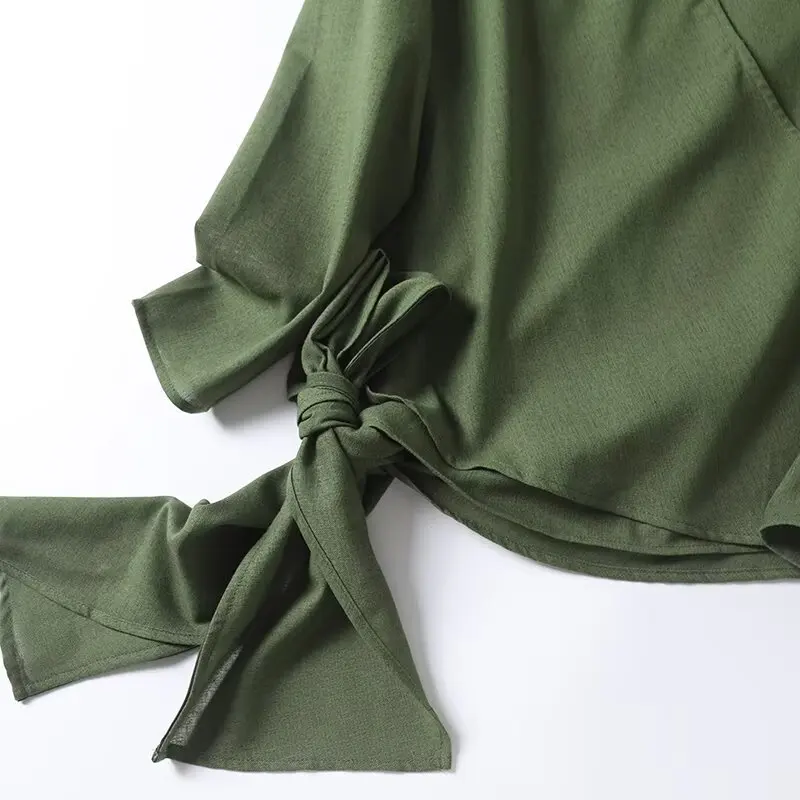 Dave&Di French Fashion Women's Green Cotton and Linen Long Sleeve Shirt Autumn Blouse Women Minimalist Lazy Wrap Shirt