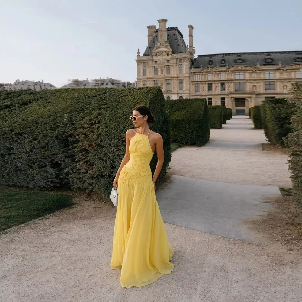 

Halter Colllar 3D Flower Women Evening Dresses Fascinating A-Line Sleeveless Prom Gowns Floor-Length Robes de soirée Customized